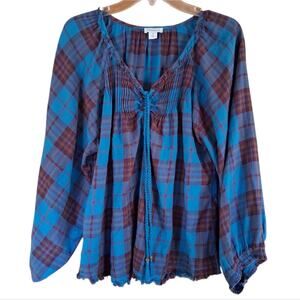 Sundance Perfectly Plaid Tassel Long Sleeve Raw Hem Blouse Blue Size Medium